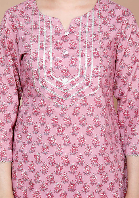 Miravan WomenS Pink Cotton Floral Print Straight Kurta And Palazzo Set