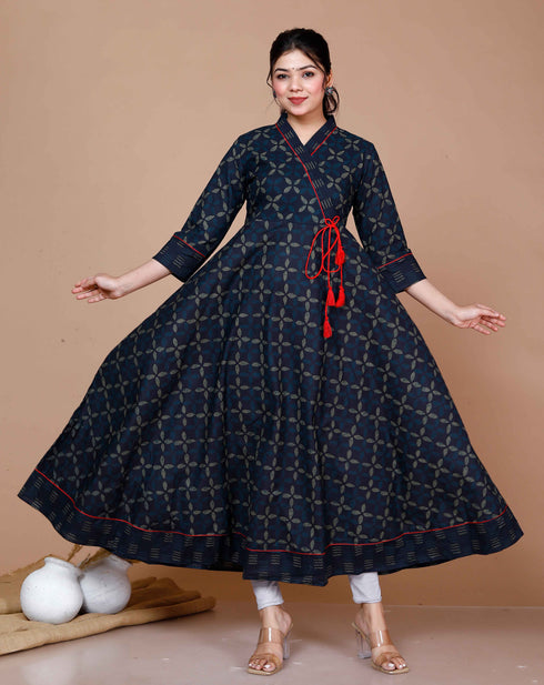 Miravan WomenS Abstract Indigo Blue Print Ankle Length Angrakha Style Kurta