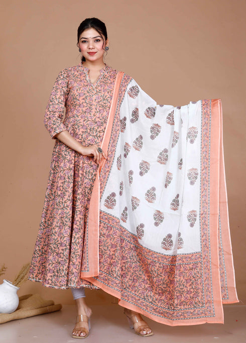Miravan WomenS Surpassing Orange Partywear Floral Printed Anarkali Kurta Dupatta