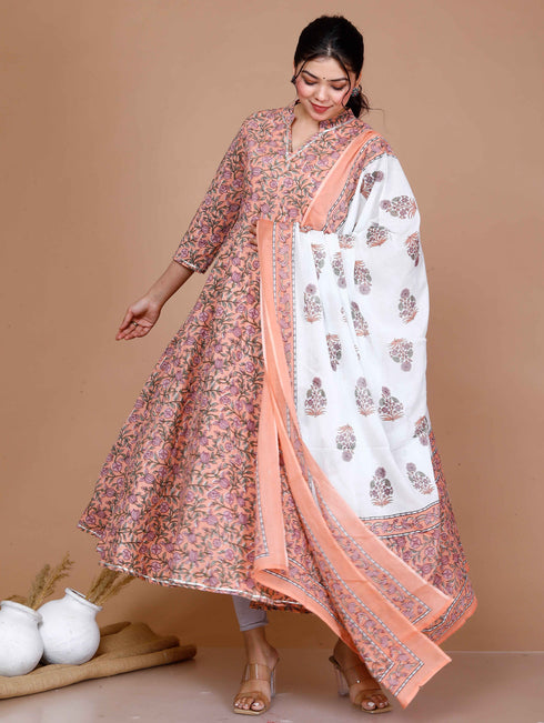 Miravan WomenS Surpassing Orange Partywear Floral Printed Anarkali Kurta Dupatta
