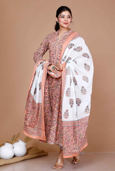 Miravan WomenS Surpassing Orange Partywear Floral Printed Anarkali Kurta Dupatta