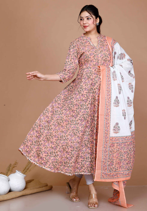 Miravan WomenS Surpassing Orange Partywear Floral Printed Anarkali Kurta Dupatta