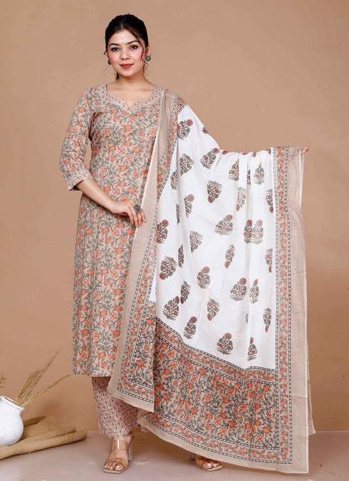 Miravan WomenS Brown Floral Printed Gotta Patti Kurta With Palazzo And Dupatta Set