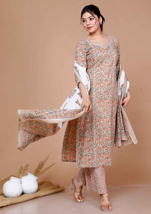 Miravan WomenS Brown Floral Printed Gotta Patti Kurta With Palazzo And Dupatta Set