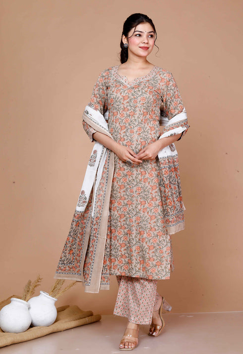Miravan WomenS Brown Floral Printed Gotta Patti Kurta With Palazzo And Dupatta Set