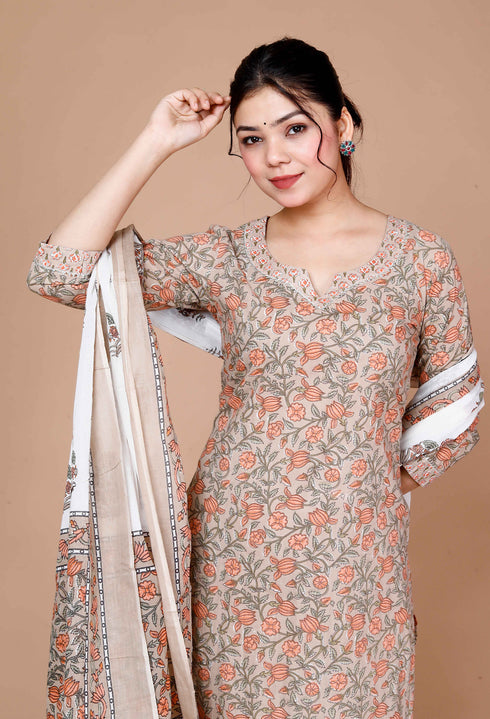 Miravan WomenS Brown Floral Printed Gotta Patti Kurta With Palazzo And Dupatta Set