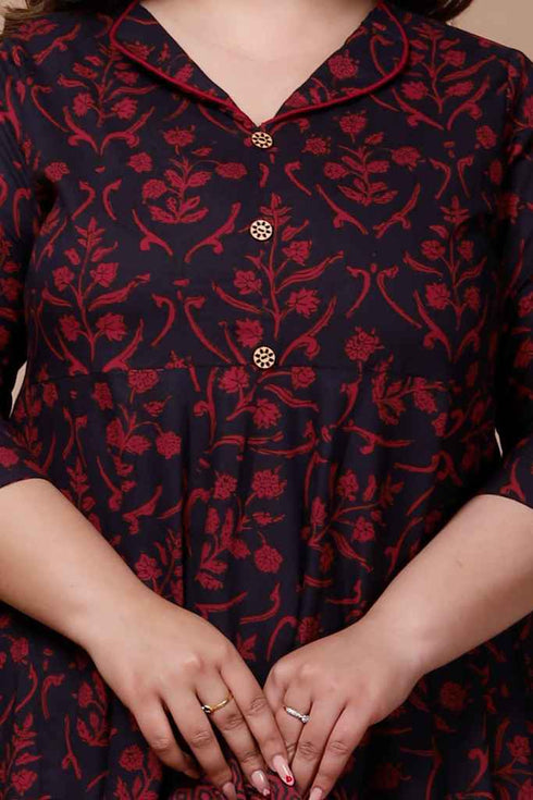 Miravan Womens Plus Size Maroon Floral Printed Anarkali Kurta