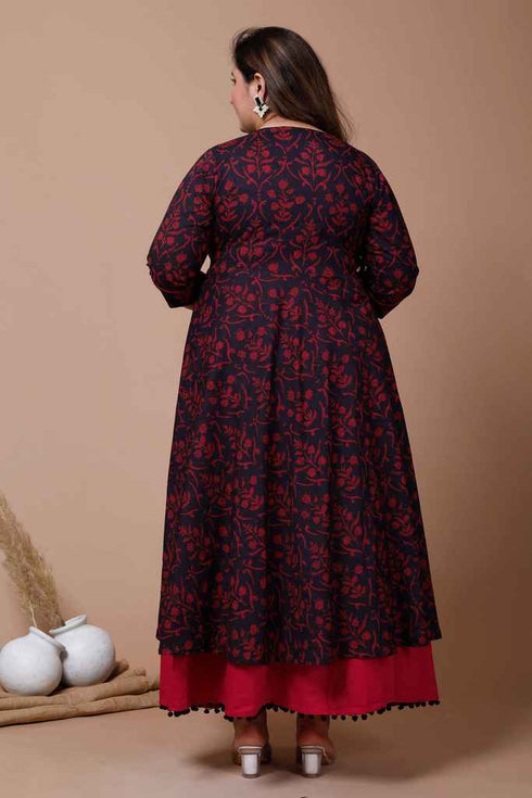 Miravan Womens Plus Size Maroon Floral Printed Anarkali Kurta