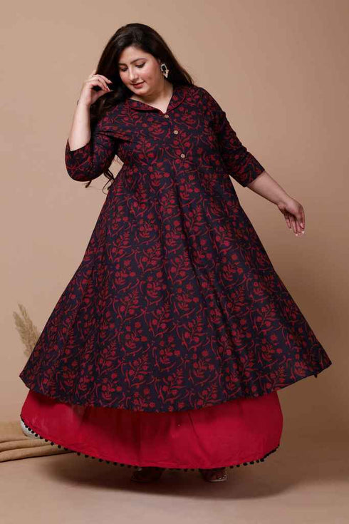 Miravan Womens Plus Size Maroon Floral Printed Anarkali Kurta
