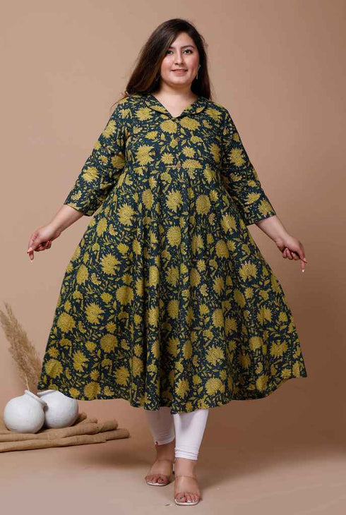 Miravan Womens Plus Size Green Floral Printed Anarkali Kurta