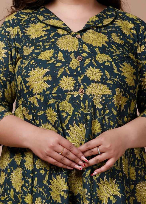 Miravan Womens Plus Size Green Floral Printed Anarkali Kurta