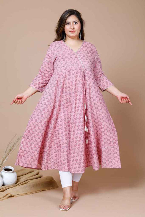 Miravan Womens Pink Plus Size Cotton Floral Print Long Anarkali Kurta
