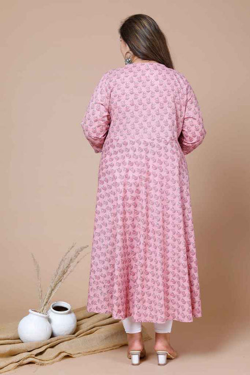 Miravan Womens Pink Plus Size Cotton Floral Print Long Anarkali Kurta