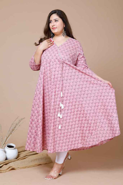 Miravan Womens Pink Plus Size Cotton Floral Print Long Anarkali Kurta