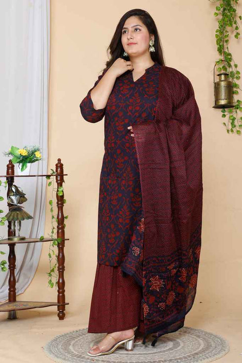 Miravan Womens Maroon Plus Size Floral Pure Cotton Kurta With Sharara And Dupatta Set