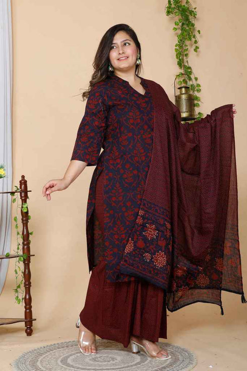 Miravan Womens Maroon Plus Size Floral Pure Cotton Kurta With Sharara And Dupatta Set