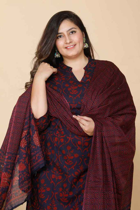 Miravan Womens Maroon Plus Size Floral Pure Cotton Kurta With Sharara And Dupatta Set