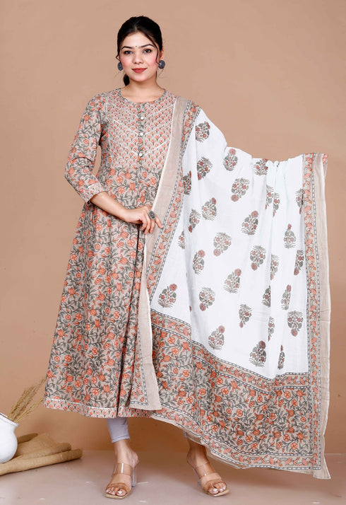 Miravan WomenS Partywear Brown Floral Printed Gota Work Long Anarkali With Dupatta Set