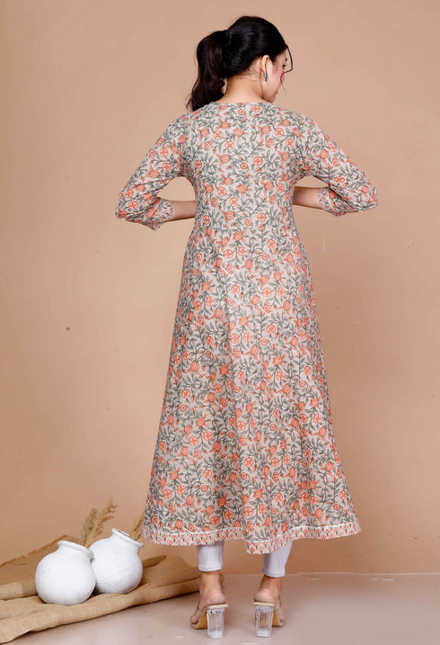 Miravan WomenS Partywear Brown Floral Printed Gota Work Long Anarkali With Dupatta Set