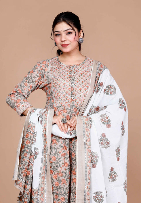 Miravan WomenS Partywear Brown Floral Printed Gota Work Long Anarkali With Dupatta Set