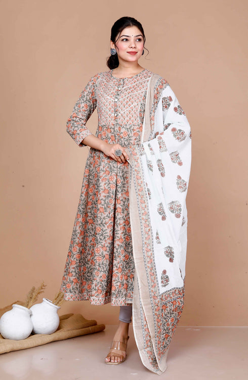Miravan WomenS Partywear Brown Floral Printed Gota Work Long Anarkali With Dupatta Set