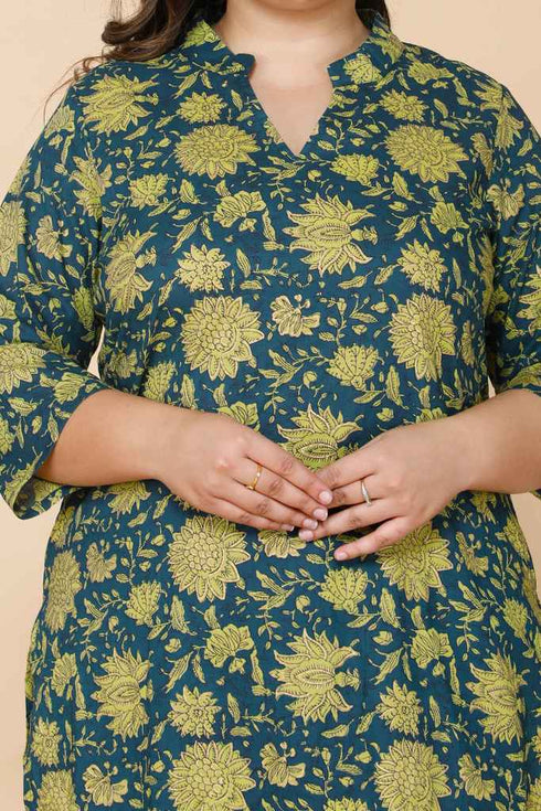 Miravan Womens Plus Size Green Floral Pure Cotton Kurta With Sharara