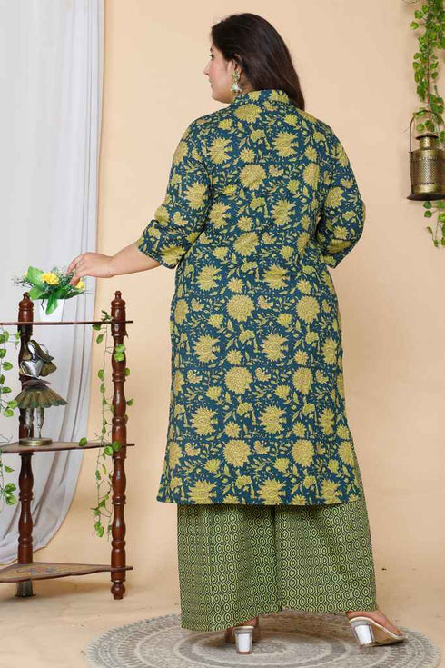 Miravan Womens Plus Size Green Floral Pure Cotton Kurta With Sharara