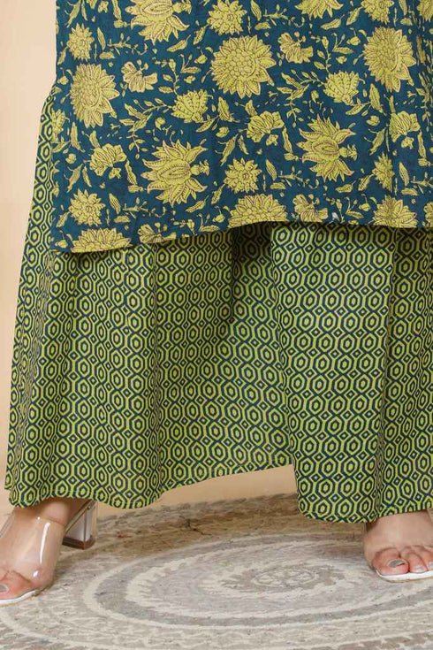 Miravan Womens Plus Size Green Floral Pure Cotton Kurta With Sharara