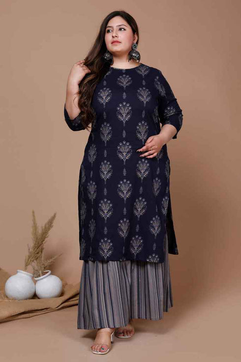 Miravan Womens Plus Size Navy Blue Printed Pure Cotton Kurta With Sharara