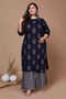 Miravan Womens Plus Size Navy Blue Printed Pure Cotton Kurta With Sharara