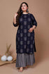 Miravan Womens Plus Size Navy Blue Printed Pure Cotton Kurta With Sharara