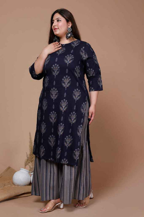 Miravan Womens Plus Size Navy Blue Printed Pure Cotton Kurta With Sharara