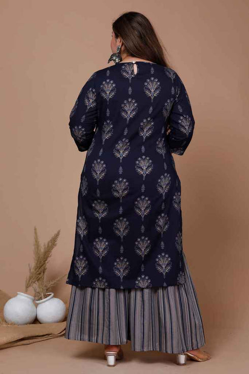 Miravan Womens Plus Size Navy Blue Printed Pure Cotton Kurta With Sharara