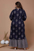 Miravan Womens Plus Size Navy Blue Printed Pure Cotton Kurta With Sharara