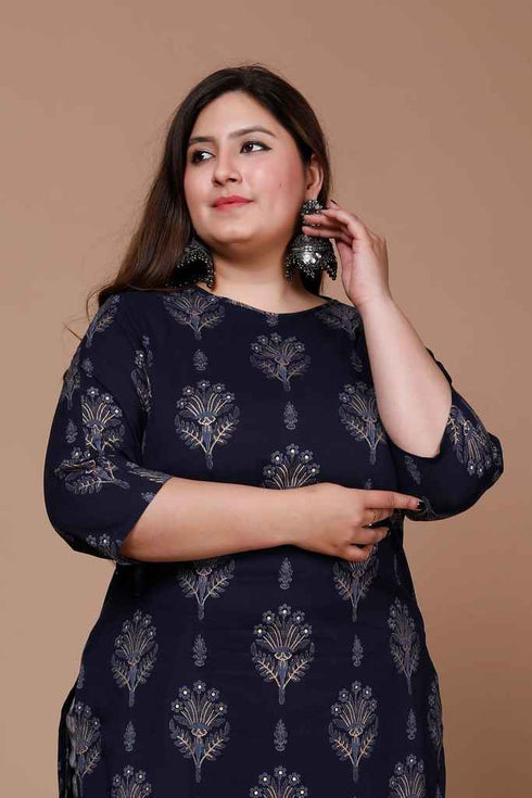 Miravan Womens Plus Size Navy Blue Printed Pure Cotton Kurta With Sharara