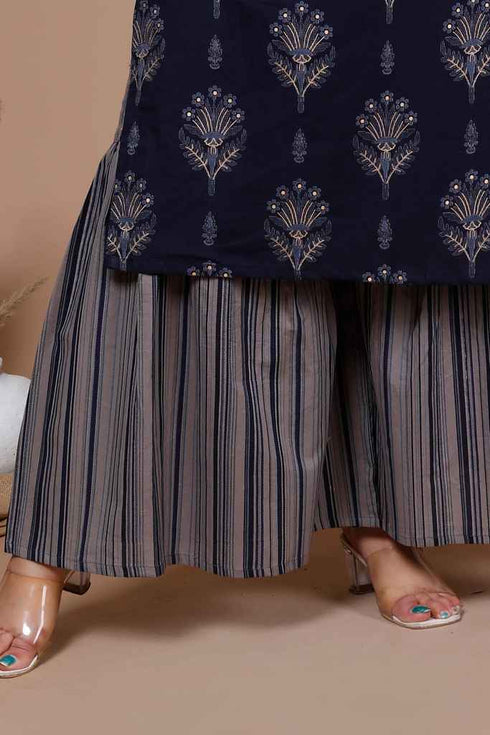 Miravan Womens Plus Size Navy Blue Printed Pure Cotton Kurta With Sharara