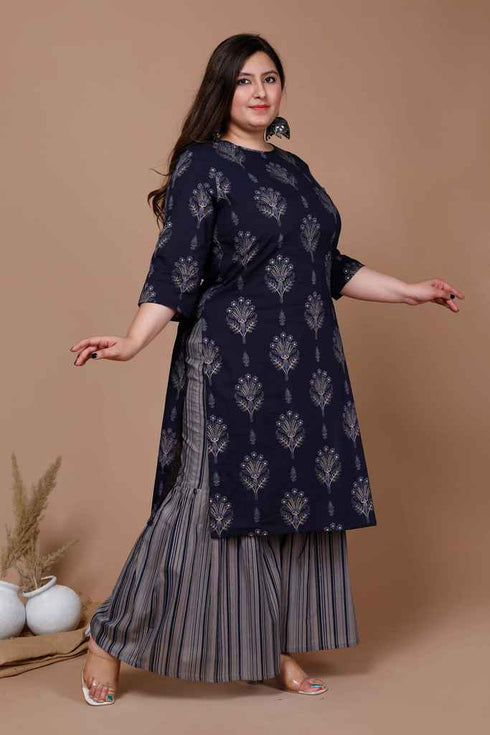 Miravan Womens Plus Size Navy Blue Printed Pure Cotton Kurta With Sharara