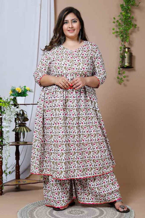 Miravan Womens Plus Size Cotton Floral Print Anarkali Kurta And Sharara Set