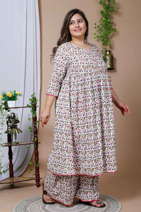 Miravan Womens Plus Size Cotton Floral Print Anarkali Kurta And Sharara Set
