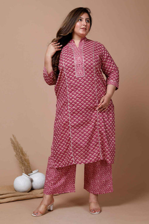 Miravan WomenS Pink Plus Size Floral Printed Pure Cotton Kurta With Palazzo