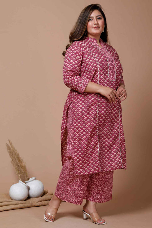 Miravan WomenS Pink Plus Size Floral Printed Pure Cotton Kurta With Palazzo