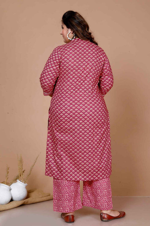 Miravan WomenS Pink Plus Size Floral Printed Pure Cotton Kurta With Palazzo
