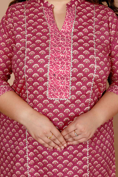 Miravan WomenS Pink Plus Size Floral Printed Pure Cotton Kurta With Palazzo