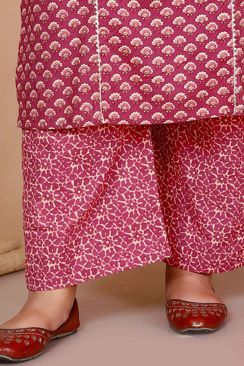 Miravan WomenS Pink Plus Size Floral Printed Pure Cotton Kurta With Palazzo