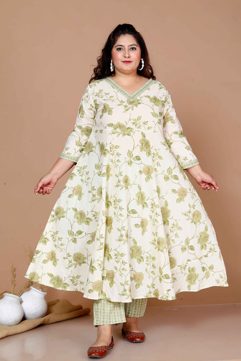 Miravan WomenS Plus Size Green Printed Pure Cotton Kurta With Palazzo
