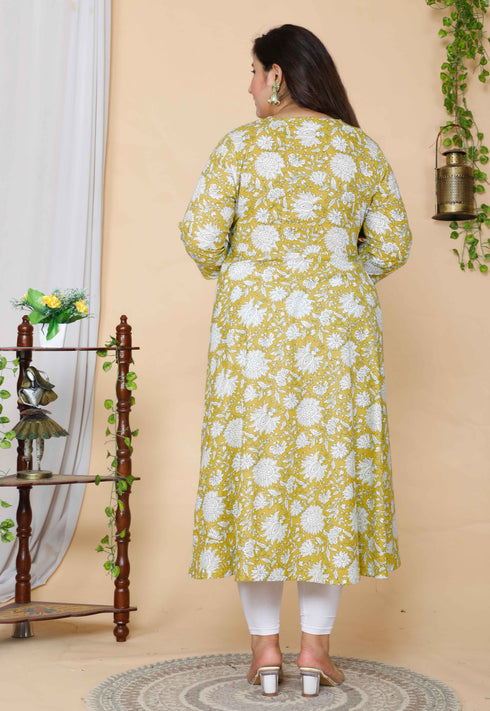 Miravan Womens Plus Size Yellow Floral Anarkali Kurta