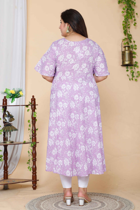 Miravan Womens Plus Size Lavender Floral Flared Sleeves Anarkali Kurta