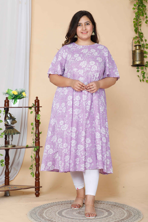 Miravan Womens Plus Size Lavender Floral Flared Sleeves Anarkali Kurta