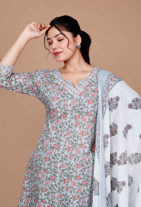 Miravan WomenS Blue Gota Patti Cotton Kurta With Palazzo And Dupatta Set