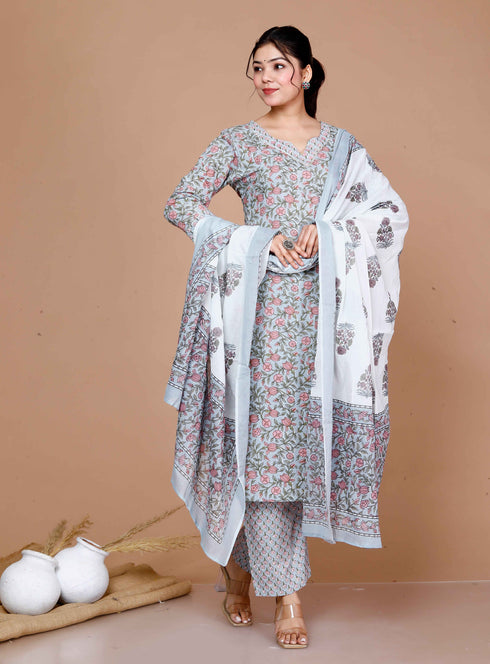Miravan WomenS Blue Gota Patti Cotton Kurta With Palazzo And Dupatta Set
